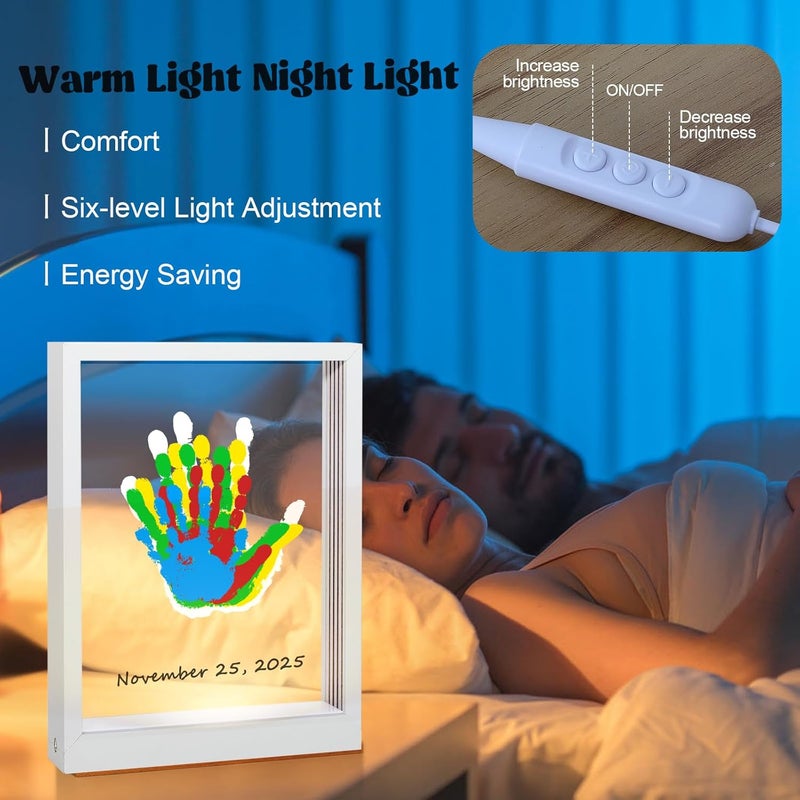 Bixinyo Family Handprint Kit with Light, Baby Hand and Footprint Keepsake Wooden Frame, Family Gifts for New Parents, Christmas, Mom & Baby, Grandparents, Adoption Gifts, 5 Non-Toxic Paints (White) - Image 2